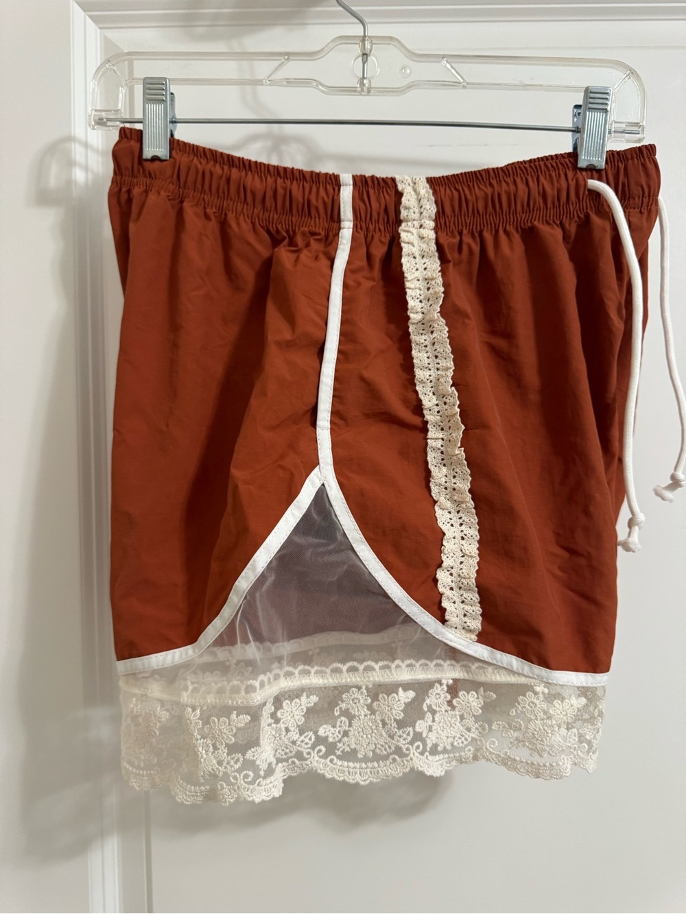 Lace-Trim Drawstring Shorts - Rust - Picture 2 of 4